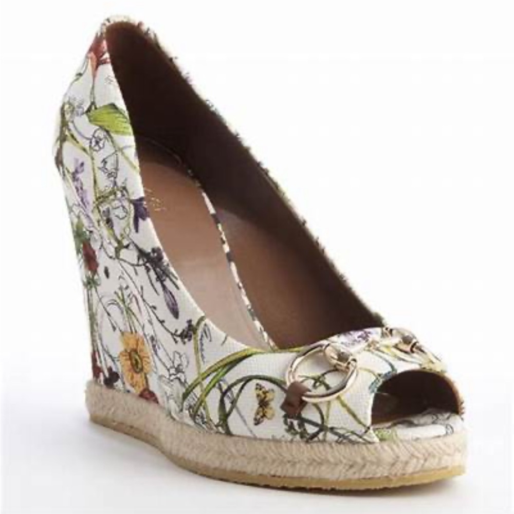 💐Gucci Multicolor Floral Print Canvas Horsebit Peep Toe Wedge